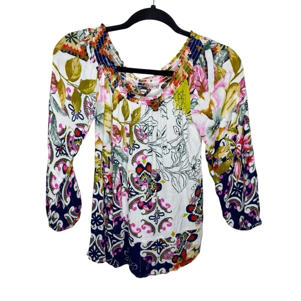 DESIGUAL / colorful abstract floral art to wear peasant blouse top / S